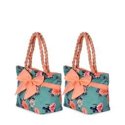 Kuber Industries Pack Of 2 Green Floral Shopper Shoulder Bag with Bow Detail-29