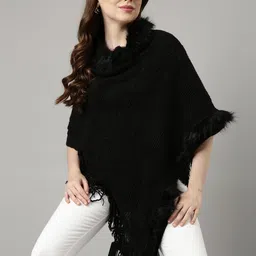 SHOWOFF Round Neck Three-Quarter Sleeves Longline Poncho with Fringed Detail-image-33