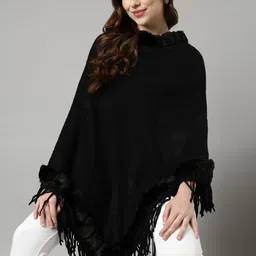 SHOWOFF Round Neck Long Sleeves Longline Poncho with Fringed Detail-3