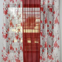 Aura Maroon & White 3 Pieces Floral Sheer Long Door Curtains-image-14