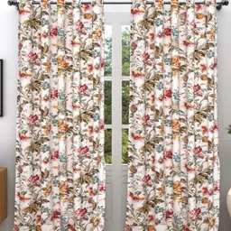 EasyGoods Off White & Red 2 Pieces Floral Printed Black Out Cotton Long Door Curtains-11