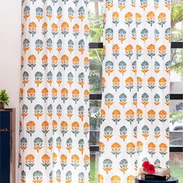 URBAN SPACE White & Orange 2 Pieces Floral Printed Long Door Curtain-image-85
