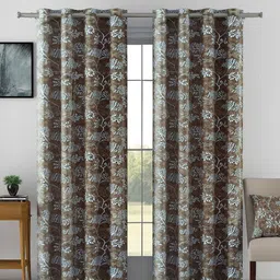 Aura Brown & White Set of 2 Floral Long Door Curtain-18