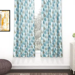 Bedspun Raga White & Teal 2 Pieces Floral Window Curtains-56