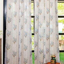 URBAN SPACE White & Blue 2 Pieces Floral Sheer Window Curtains-79