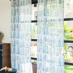 URBAN SPACE Blue & White Set of 2 Floral Printed Sheer Window Curtain-24