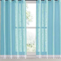 HOMEMONDE Turquoise Blue Striped Sheer Set Of 2 Window Curtain-21
