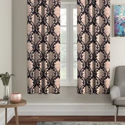 Aura Peach-Coloured & Black 2 Pieces Ethnic Motif Printed Eyelet Window Curtains-image-43