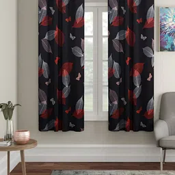 Aura Black & Red 2 Pieces Floral Printed Eyelet Window Curtains-3