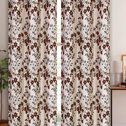 Aura Brown & Off White 2Pcs Floral Room Darkening Door Curtain-23
