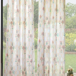 URBAN SPACE White & Orange 2 Pieces Floral Printed Sheer Door Curtains-43