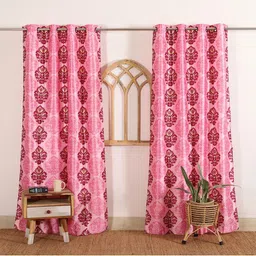 HANDICRAFT PALACE Pink & Beige Set of 2 Floral Black Out Door Curtain-12
