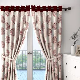 Cortina Set of 2 Off-White & Maroon Leaf Print Door Curtains-16