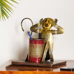 ExclusiveLane Gold-Toned Monkey Mischiefs Hand-Painted Metal Pen Stand-46