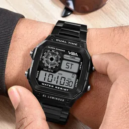 V2A Men Black Patterned Dial & Black Steel Straps Digital Multi Function Watch V2A-1335 image 4