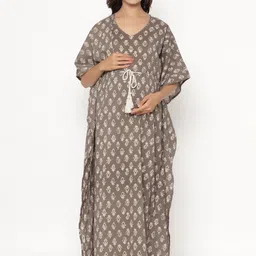 Ikk Kudi by Seerat Grey Printed Pure Cotton Maternity & Nursing Kaftan Maxi Nightdress-image-87