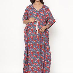Ikk Kudi by Seerat Blue Printed Pure Cotton Maternity & Nursing Kaftan Maxi Nightdress-image-79