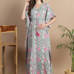 Secret Wish Floral Printed V-Neck Pure Cotton Maxi Maternity Kaftan Nightdress-image-55