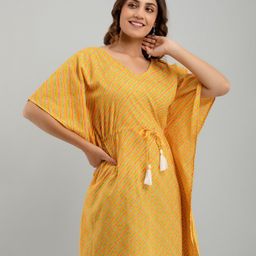 FrionKandy Yellow Geometric Print Flared Sleeve Cotton Kaftan Top-picture-16