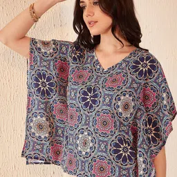 DENNISON Ethnic Motif Printed Batwing Sleeve Ethnic Crepe Kaftan Top-picture-13