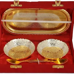 Gold And Silver Plated (Brass) 2 Bowl Set ( Each Bowl 4 inch) With 2 Spoon & Tray in Velvet Box Bowl, Spoon, Tray Serving Set-image-19