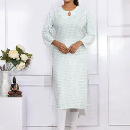 Kesarya Women White & Blue Abstract Printed Keyhole Neck Pure Cotton Kurta-22