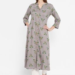 Ramas Women Grey & Green Floral Printed Band Collar Panelled Viscose Rayon A-Line Kurta-image-25