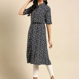 SHOWOFF Women Navy Blue Floral Printed Belted Detail Kurta-image-88