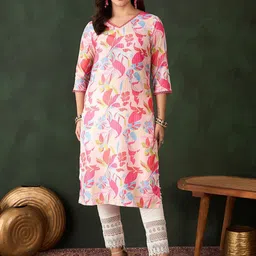 Sangria Pink Floral Printed V-Neck Sequinned Machine Weave Straight Kurta-picture-2