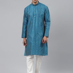 MANQ Men Blue Striped Thread Work Kurta-picture-7