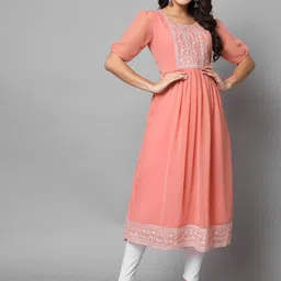VAIRAGEE Women Peach-Coloured Yoke Design Thread Work Georgette Anarkali Kurta-picture-12