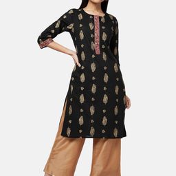 RANGMANCH BY PANTALOONS Women Black & Gold Printed Cotton Straight Kurta-picture-19