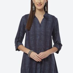 Biba Blue Striped Shirt Style Longline Cotton Top-image-38