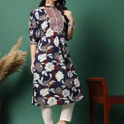 Sangria Floral Printed Pure Cotton Mandarin Collar Mirror Work A-Line Kurta-49