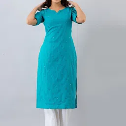Saart Bunaai Women Turquoise Blue Ethnic Motifs Thread Work Kurta-51