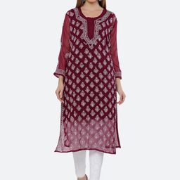 FAWOMENT Women Maroon Ethnic Motifs Embroidered Chikankari Georgette Kurta-38