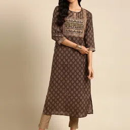 SHOWOFF Ethnic Motifs Printed Mirror Work Kurta-image-31