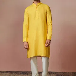 Manyavar Mandarin Collar Roll-Up Sleeves Linen Straight Kurta-picture-36