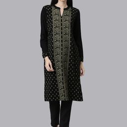 Neerus Band Collar Ethnic Motifs Printed Straight Fit Acrylic Regular Kurta-16