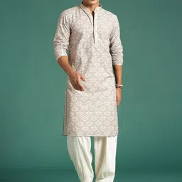 Sangria Beige Ethnic Motifs Embroidered Sequinned Cotton Chikankari Kurta-image-31