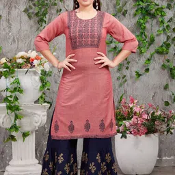 Sangria Girls Brown Brown Floral Printed Round Neck Cotton Straight Kurta-17