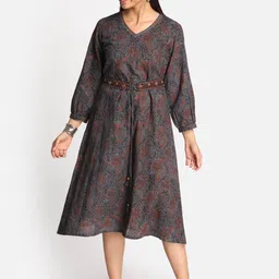 Earthwear Women Grey & Rust Ethnic Motifs Printed Flared Sleeves Kurta-picture-12