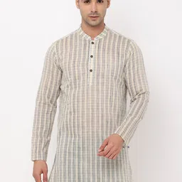 NIRVAAN Men Cream-Coloured Checked Cotton Kurta-image-3