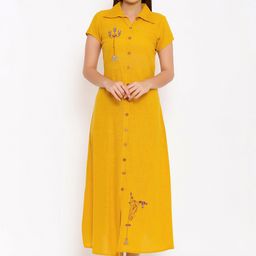 Saart Bunaai Women Mustard Yellow Thread Work Cotton Kurta-image-50