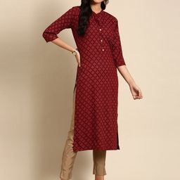 SHOWOFF Women Maroon Ethnic Motifs Printed Chanderi Silk Kurta-image-48