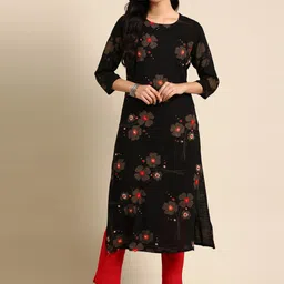 SHOWOFF Women Black & Orange Floral Printed Thread Work Block Print Cotton Kurta-image-5