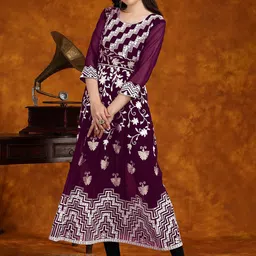 Sangria Purple & White Floral Embroidered Anarkali Kurta-37