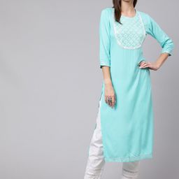 GLAM ROOTS Women Turquoise Blue Floral Embroidered Thread Work Kurta-41