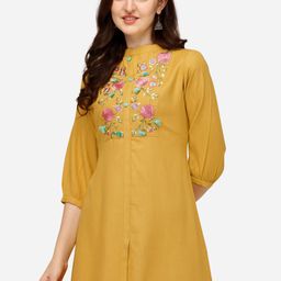Pure 9 Mustard Yellow Floral Embroidered Thread Work Pure Cotton Kurti-image-15