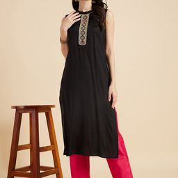Sangria Black Ethnic Motifs Sequinned Yoke Design Straight Kurtas-image-24